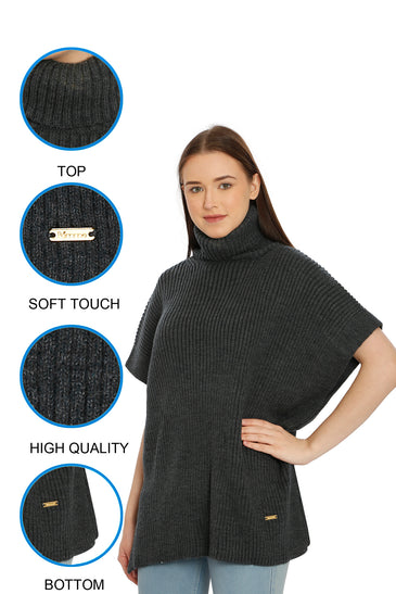 POMME Acrylic Knitted Light Grey Melange Poncho for Women
