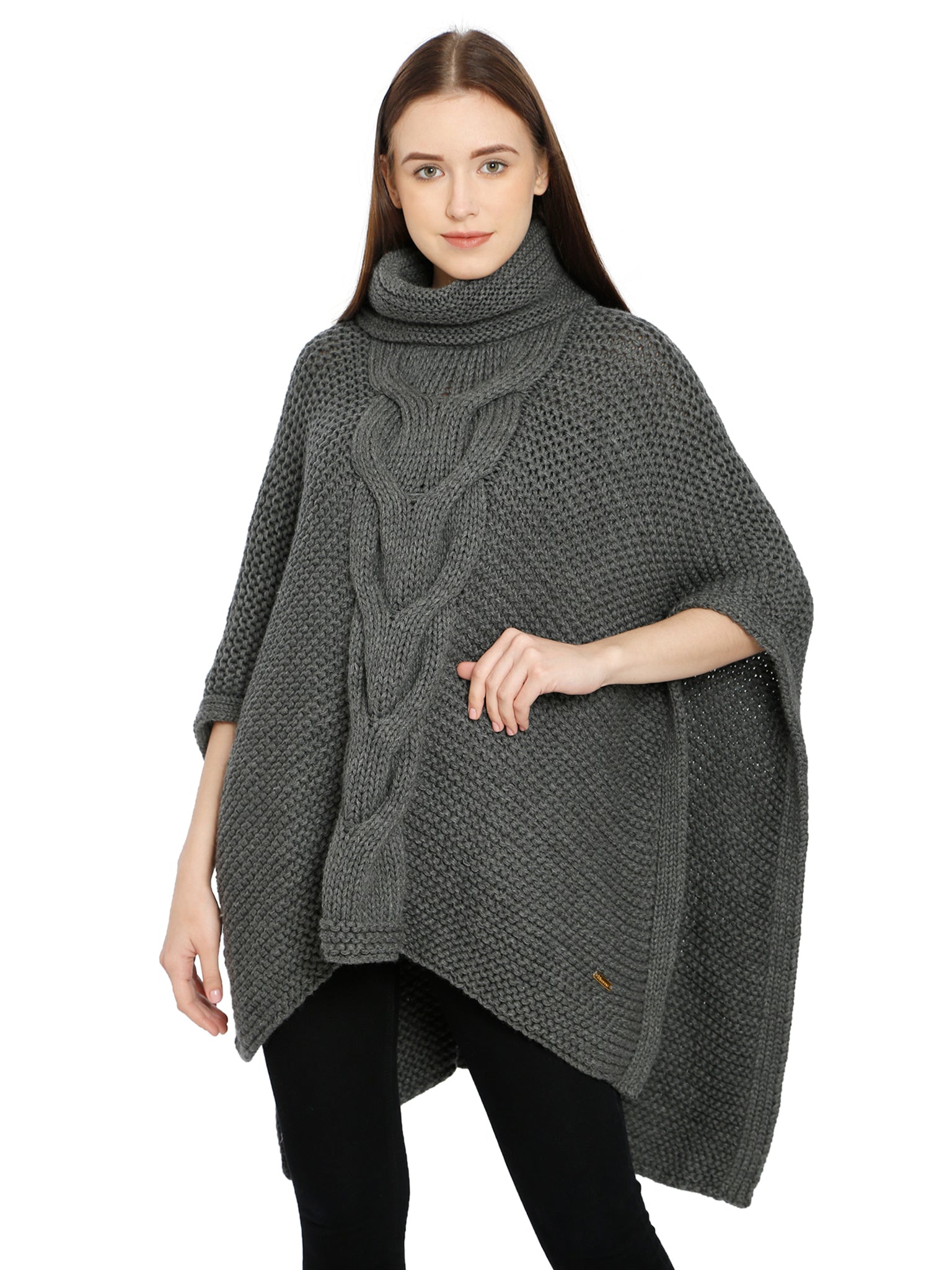Pomme Acrylic Knitted Grey melange (Blanche Cable Knit) Poncho for Women