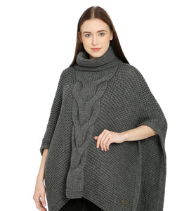 Pomme Acrylic Knitted Grey melange (Blanche Cable Knit) Poncho for Women