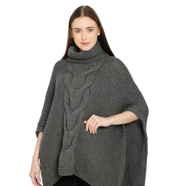 Pomme Acrylic Knitted Grey melange (Blanche Cable Knit) Poncho for Women