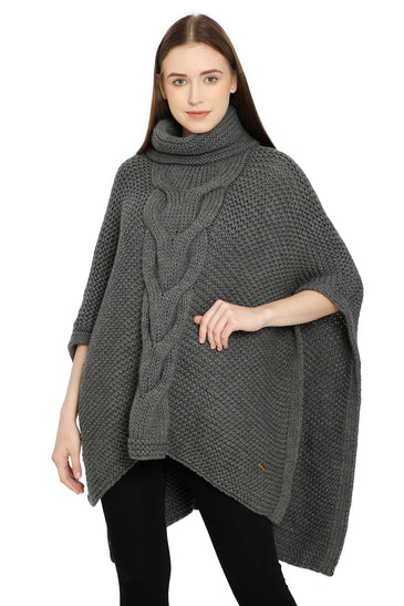 Pomme Acrylic Knitted Grey melange (Blanche Cable Knit) Poncho for Women