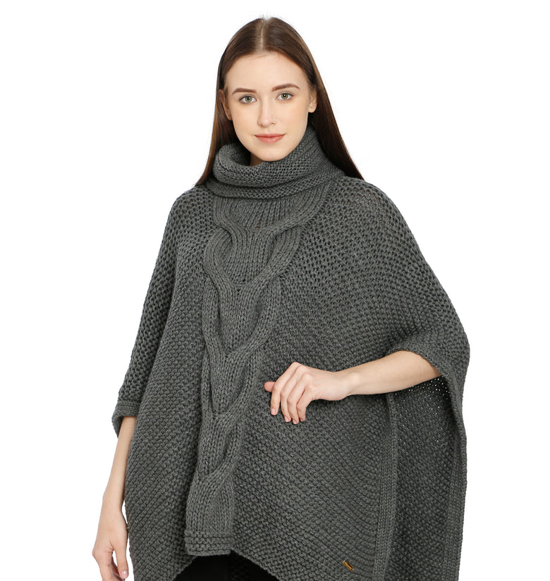 Pomme Acrylic Knitted Grey melange (Blanche Cable Knit) Poncho for Women