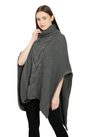 Pomme Acrylic Knitted Grey melange (Blanche Cable Knit) Poncho for Women