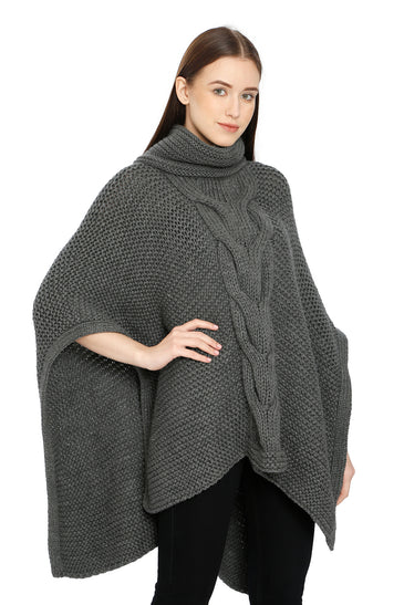 Pomme Acrylic Knitted Grey melange (Blanche Cable Knit) Poncho for Women