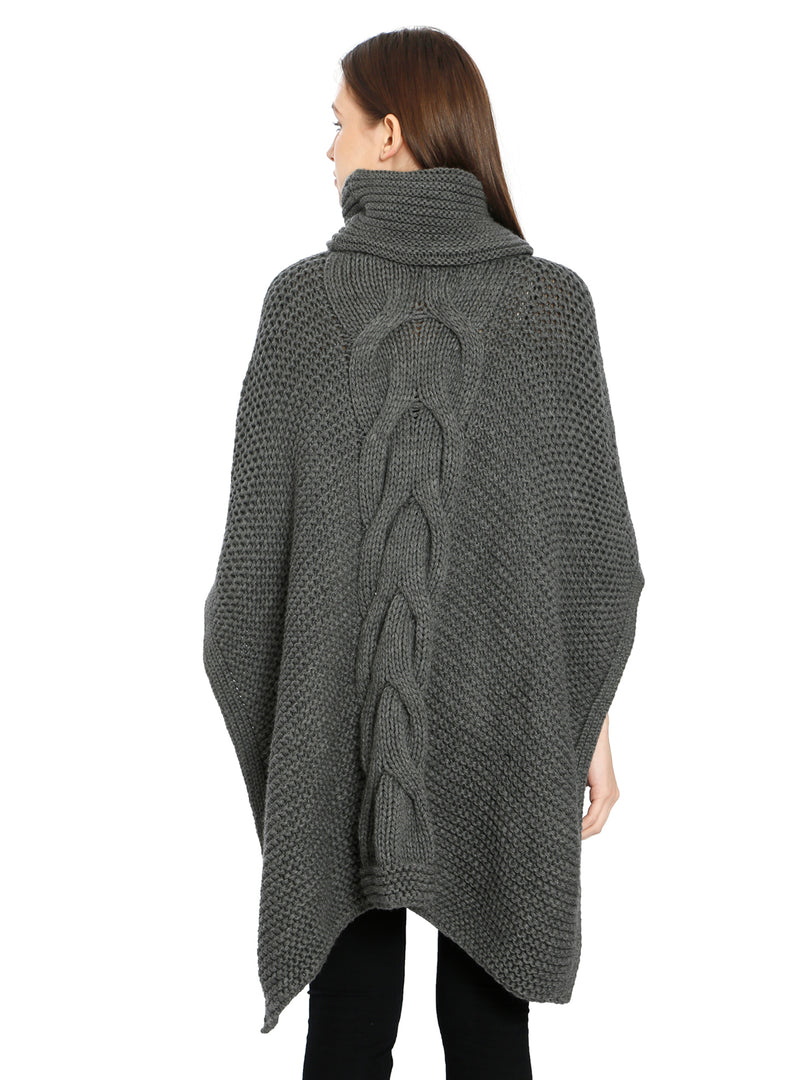 Pomme Acrylic Knitted Grey melange (Blanche Cable Knit) Poncho for Women
