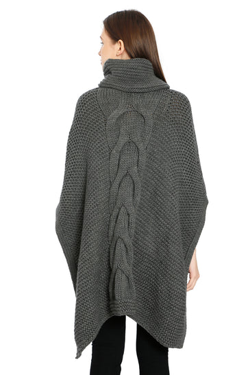 Pomme Acrylic Knitted Grey melange (Blanche Cable Knit) Poncho for Women