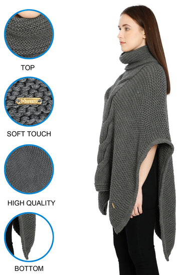 Pomme Acrylic Knitted Grey melange (Blanche Cable Knit) Poncho for Women