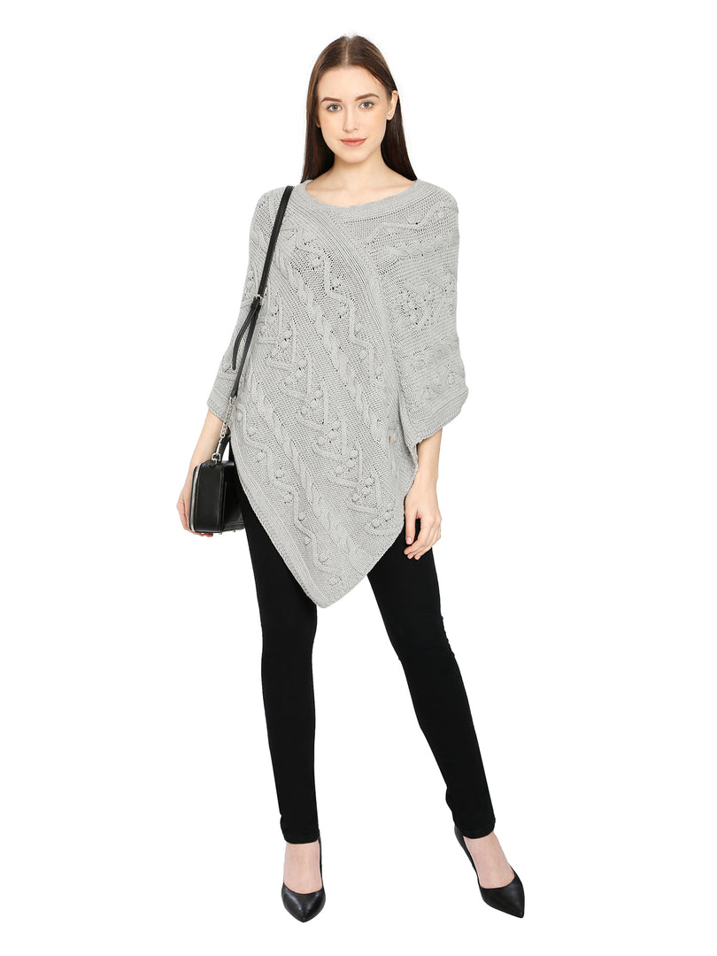POMME Cotton Knitted Lt Grey Melange (Bubbles and Lace Pattern ) Poncho for Women