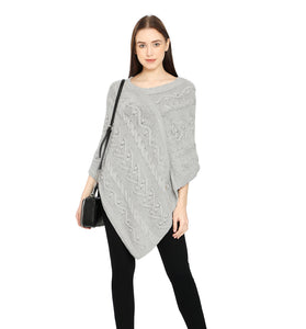 POMME Cotton Knitted Lt Grey Melange (Bubbles and Lace Pattern ) Poncho for Women