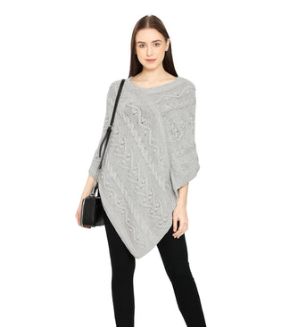 POMME Cotton Knitted Lt Grey Melange (Bubbles and Lace Pattern ) Poncho for Women