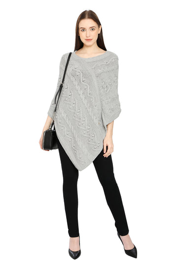 POMME Cotton Knitted Lt Grey Melange (Bubbles and Lace Pattern ) Poncho for Women