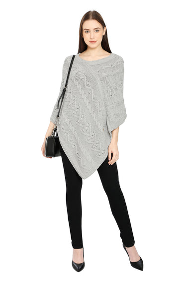 POMME Cotton Knitted Lt Grey Melange (Bubbles and Lace Pattern ) Poncho for Women
