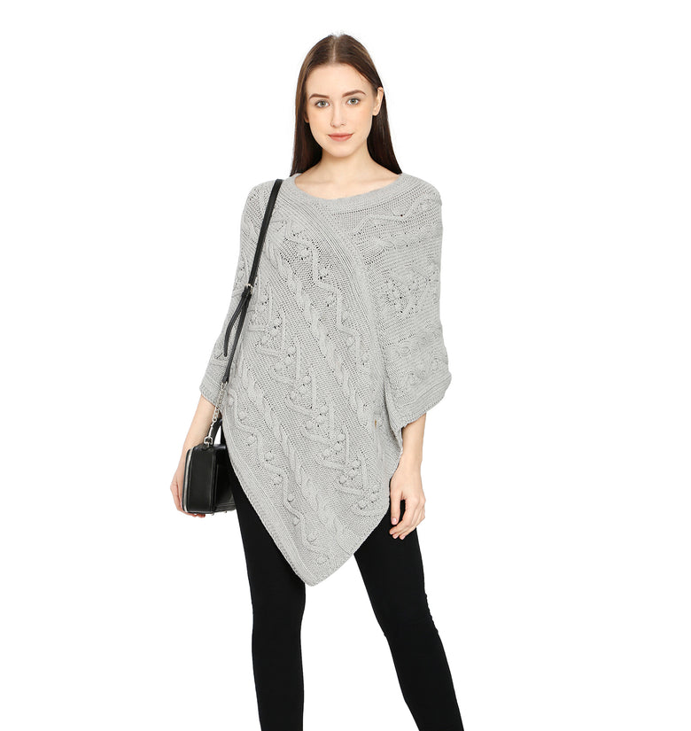POMME Cotton Knitted Lt Grey Melange (Bubbles and Lace Pattern ) Poncho for Women