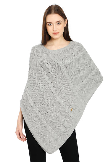 POMME Cotton Knitted Lt Grey Melange (Bubbles and Lace Pattern ) Poncho for Women