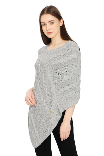 POMME Cotton Knitted Lt Grey Melange (Bubbles and Lace Pattern ) Poncho for Women