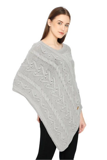 POMME Cotton Knitted Lt Grey Melange (Bubbles and Lace Pattern ) Poncho for Women