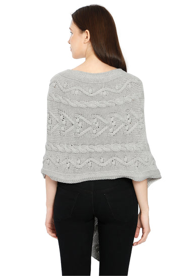 POMME Cotton Knitted Lt Grey Melange (Bubbles and Lace Pattern ) Poncho for Women