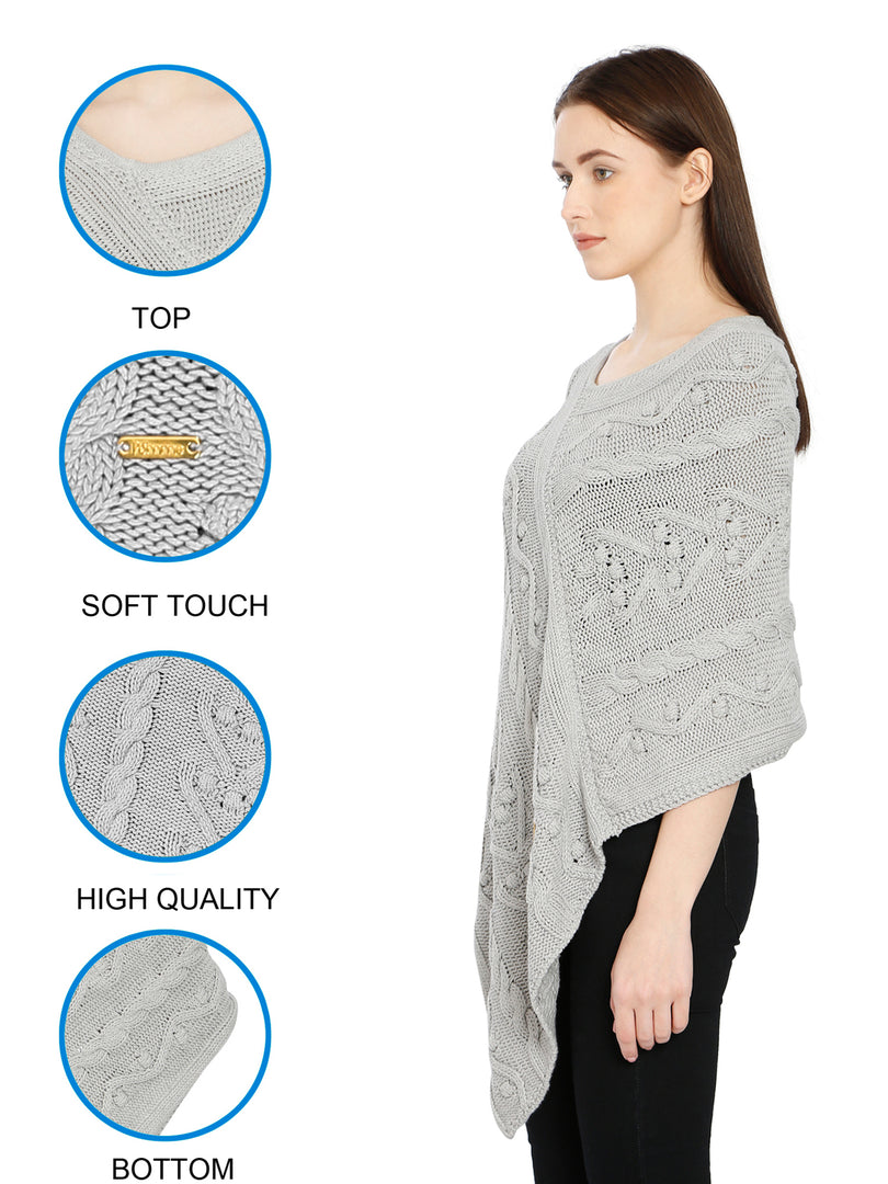 POMME Cotton Knitted Lt Grey Melange (Bubbles and Lace Pattern ) Poncho for Women