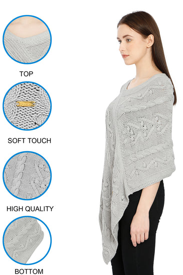 POMME Cotton Knitted Lt Grey Melange (Bubbles and Lace Pattern ) Poncho for Women