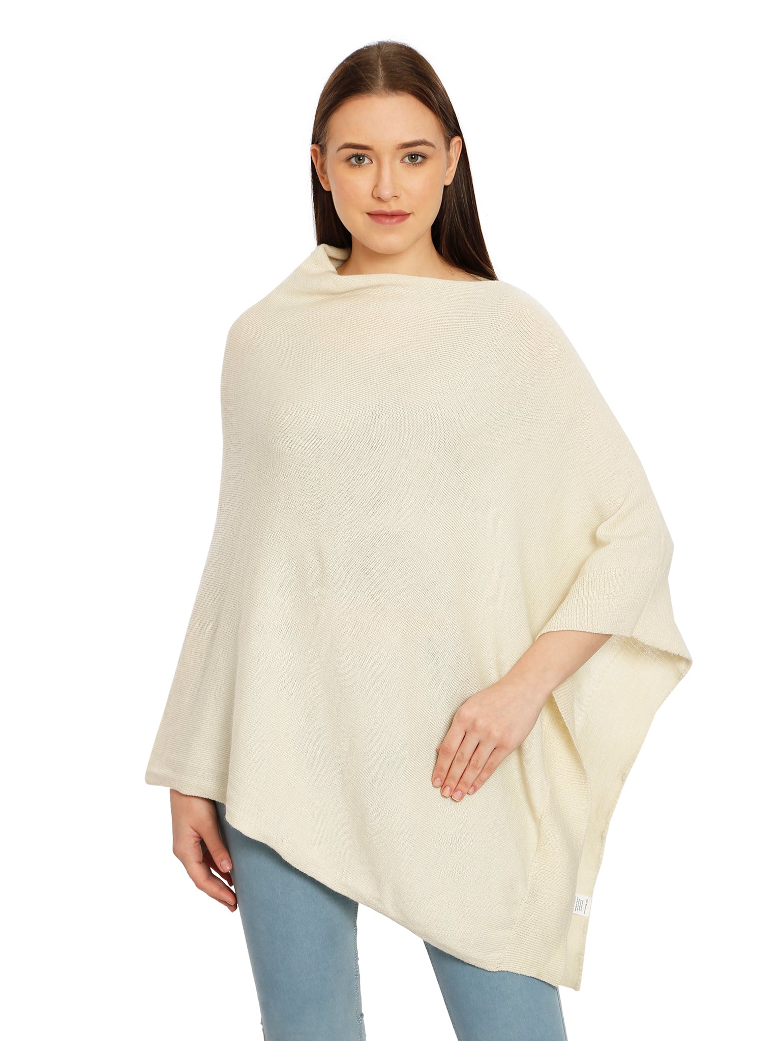 POMME Merino Wool Knitted Ivory (Plain Knit) Poncho for Women