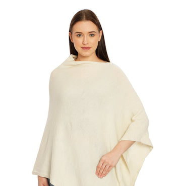 POMME Merino Wool Knitted Ivory (Plain Knit) Poncho for Women