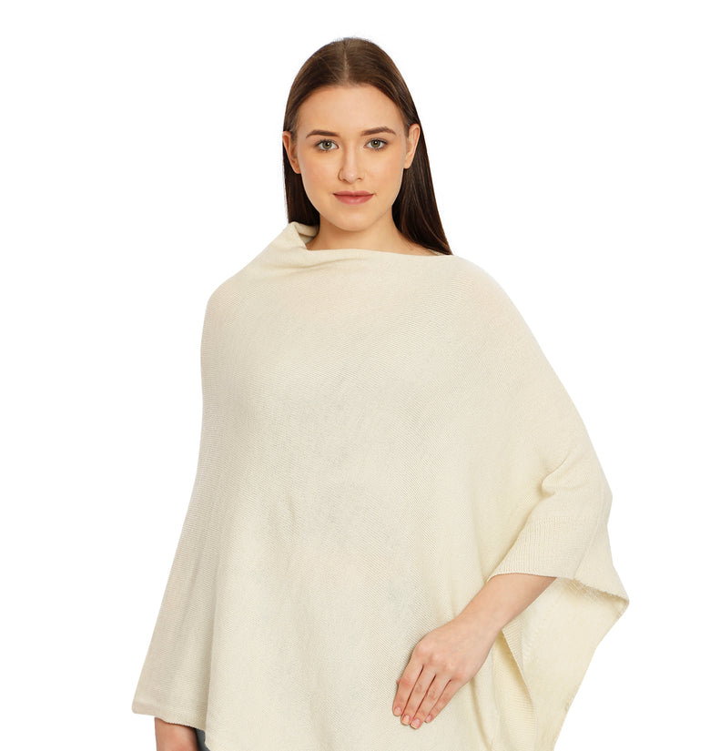 POMME Merino Wool Knitted Ivory (Plain Knit) Poncho for Women
