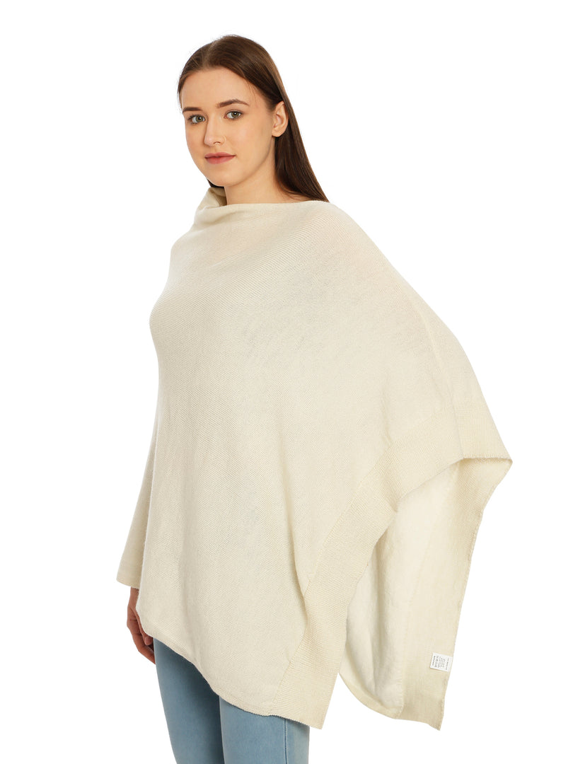 POMME Merino Wool Knitted Ivory (Plain Knit) Poncho for Women