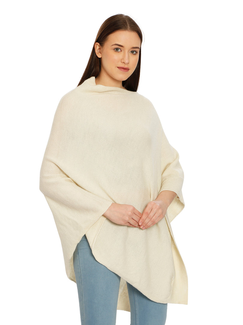 POMME Merino Wool Knitted Ivory (Plain Knit) Poncho for Women