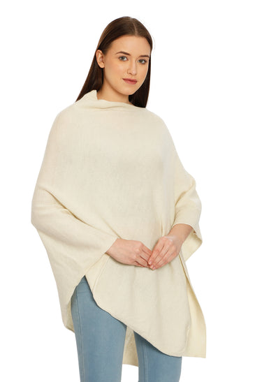 POMME Merino Wool Knitted Ivory (Plain Knit) Poncho for Women