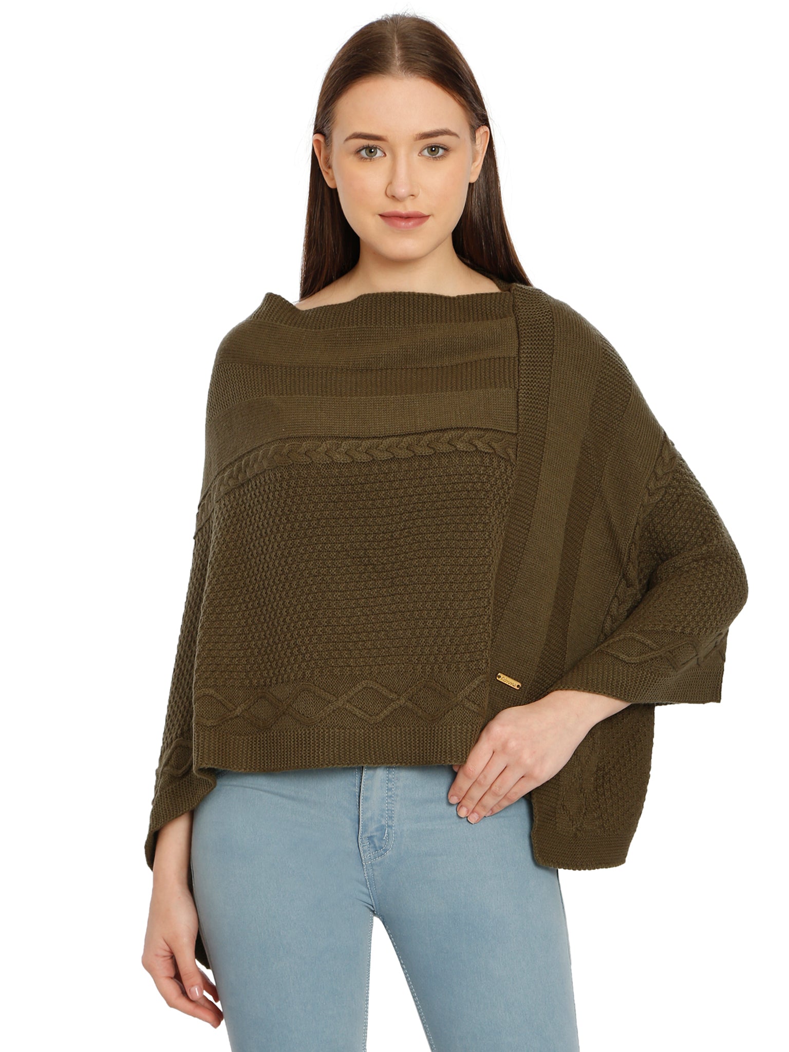 POMME Acrylic Knitted Jade Green Poncho for Women