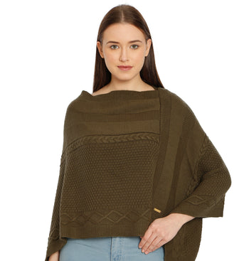 POMME Acrylic Knitted Jade Green Poncho for Women