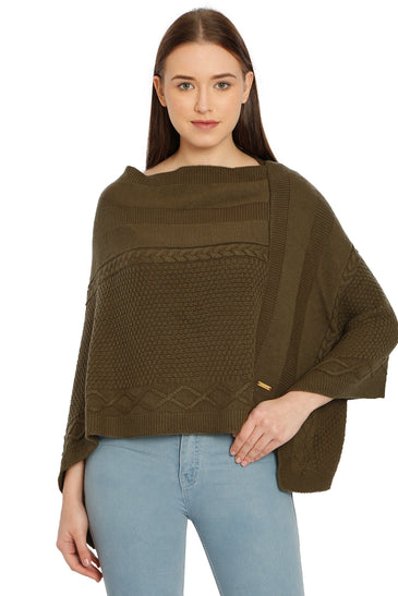 POMME Acrylic Knitted Jade Green Poncho for Women