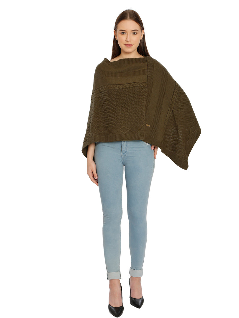 POMME Acrylic Knitted Jade Green Poncho for Women