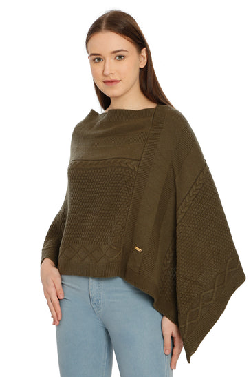 POMME Acrylic Knitted Jade Green Poncho for Women