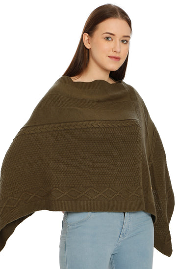 POMME Acrylic Knitted Jade Green Poncho for Women