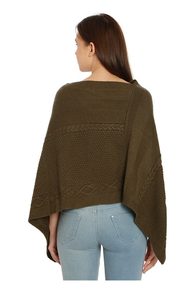 POMME Acrylic Knitted Jade Green Poncho for Women