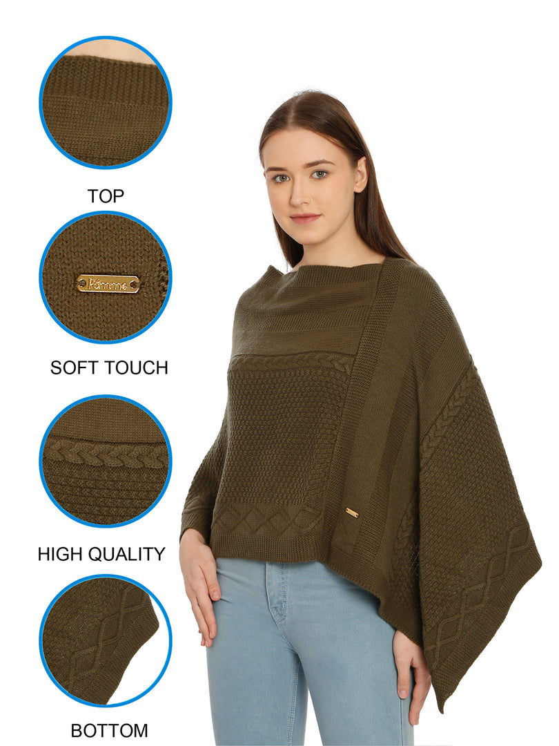 POMME Acrylic Knitted Jade Green Poncho for Women