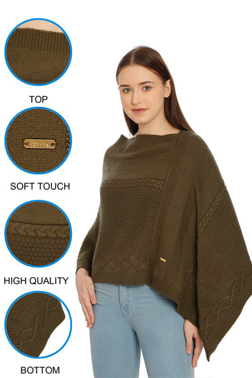 POMME Acrylic Knitted Jade Green Poncho for Women