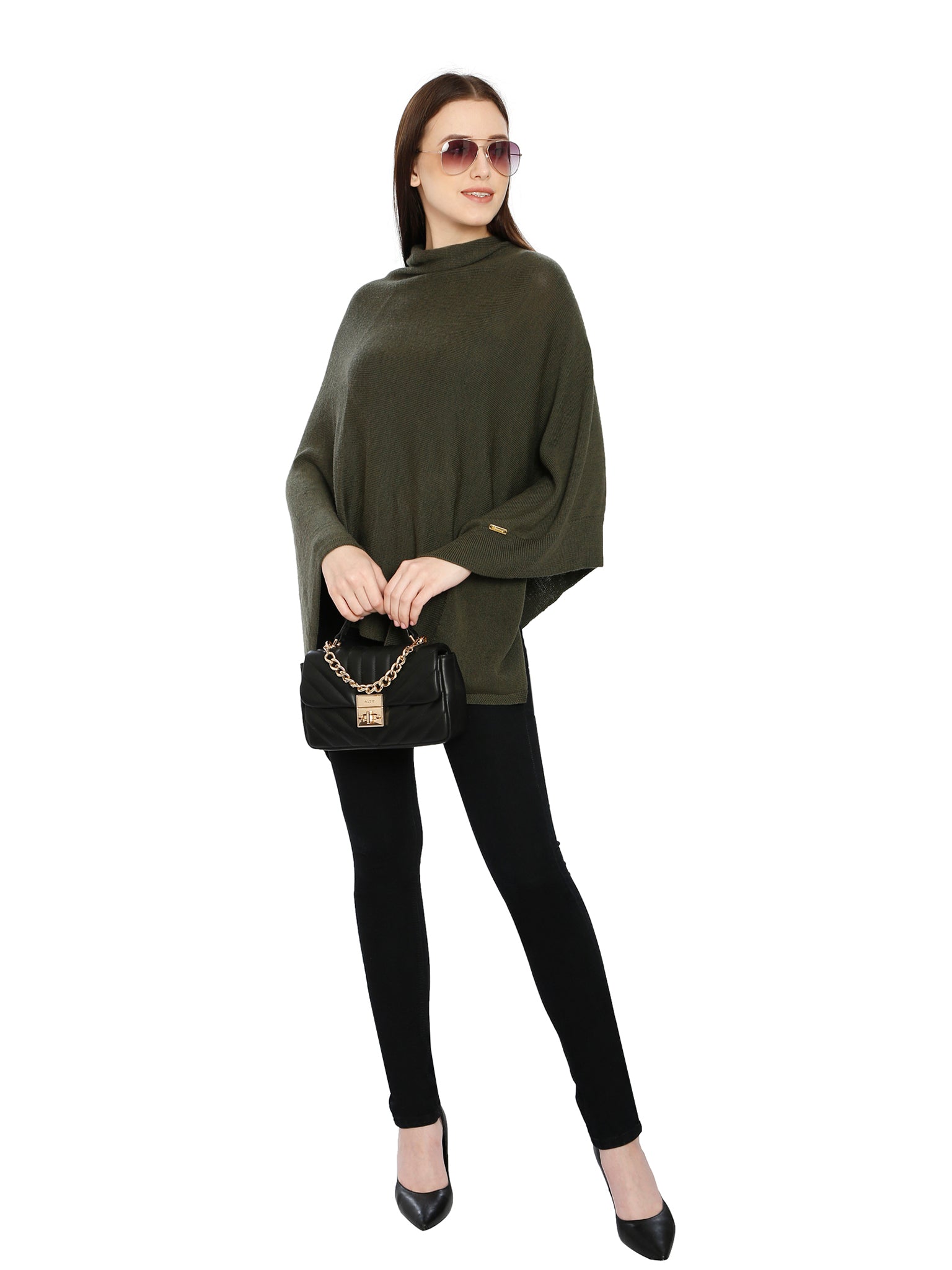 POMME Merino Wool Knitted Jade Green Poncho for Women