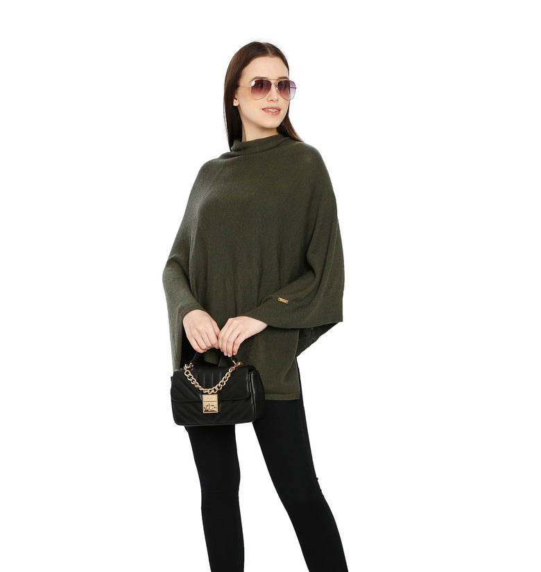 POMME Merino Wool Knitted Jade Green Poncho for Women