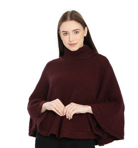 POMME Acrylic Knitted Grape Wine (Moss Stitch Pattern) Poncho for Women