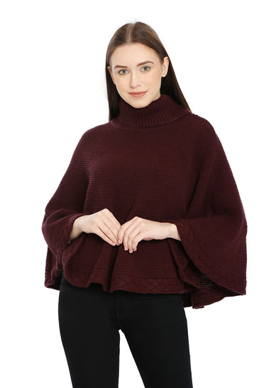 POMME Acrylic Knitted Grape Wine (Moss Stitch Pattern) Poncho for Women