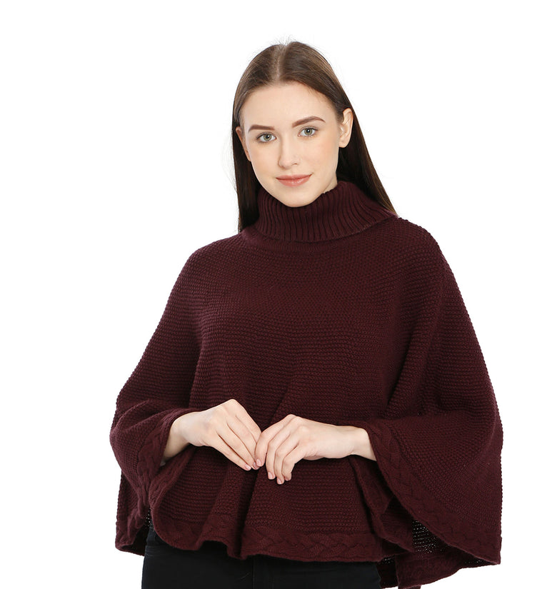 POMME Acrylic Knitted Grape Wine (Moss Stitch Pattern) Poncho for Women