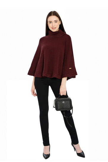 POMME Acrylic Knitted Grape Wine (Moss Stitch Pattern) Poncho for Women