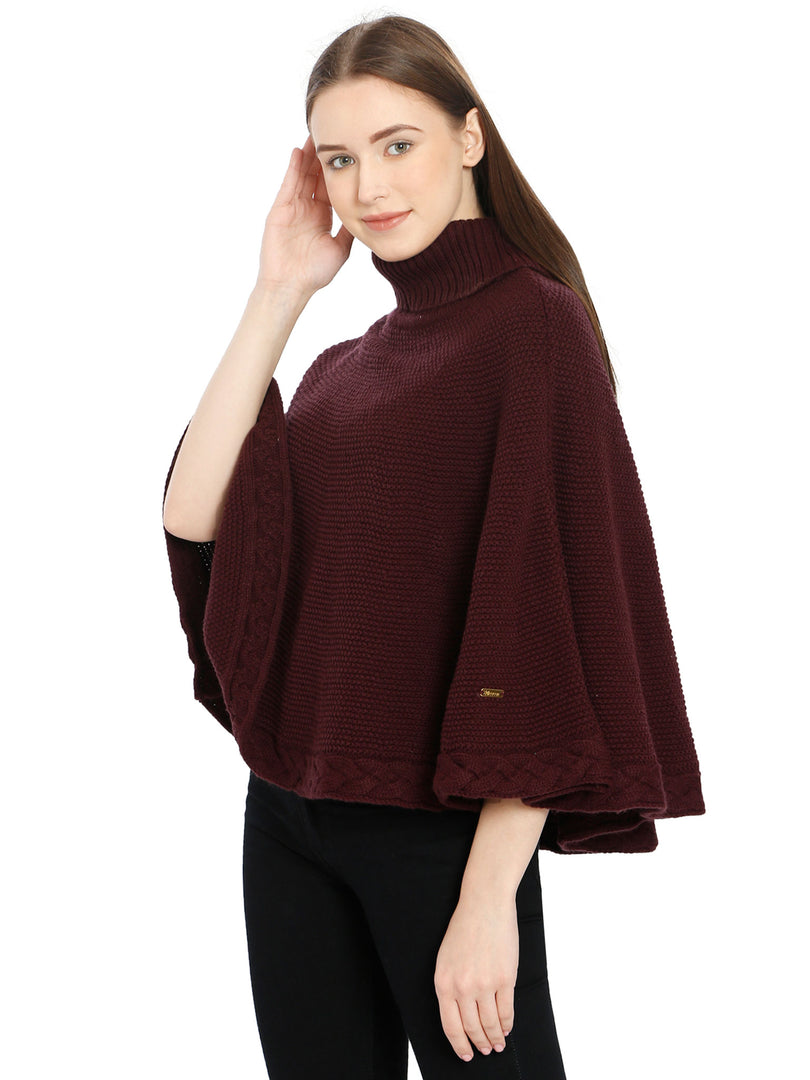 POMME Acrylic Knitted Grape Wine (Moss Stitch Pattern) Poncho for Women