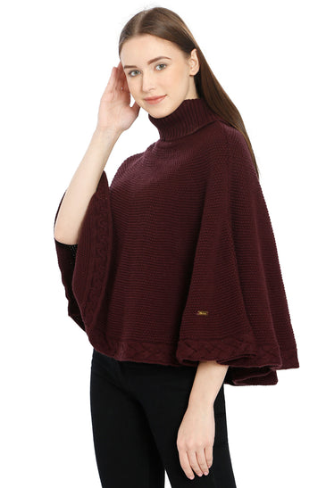 POMME Acrylic Knitted Grape Wine (Moss Stitch Pattern) Poncho for Women