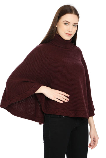 POMME Acrylic Knitted Grape Wine (Moss Stitch Pattern) Poncho for Women