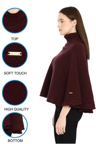 POMME Acrylic Knitted Grape Wine (Moss Stitch Pattern) Poncho for Women