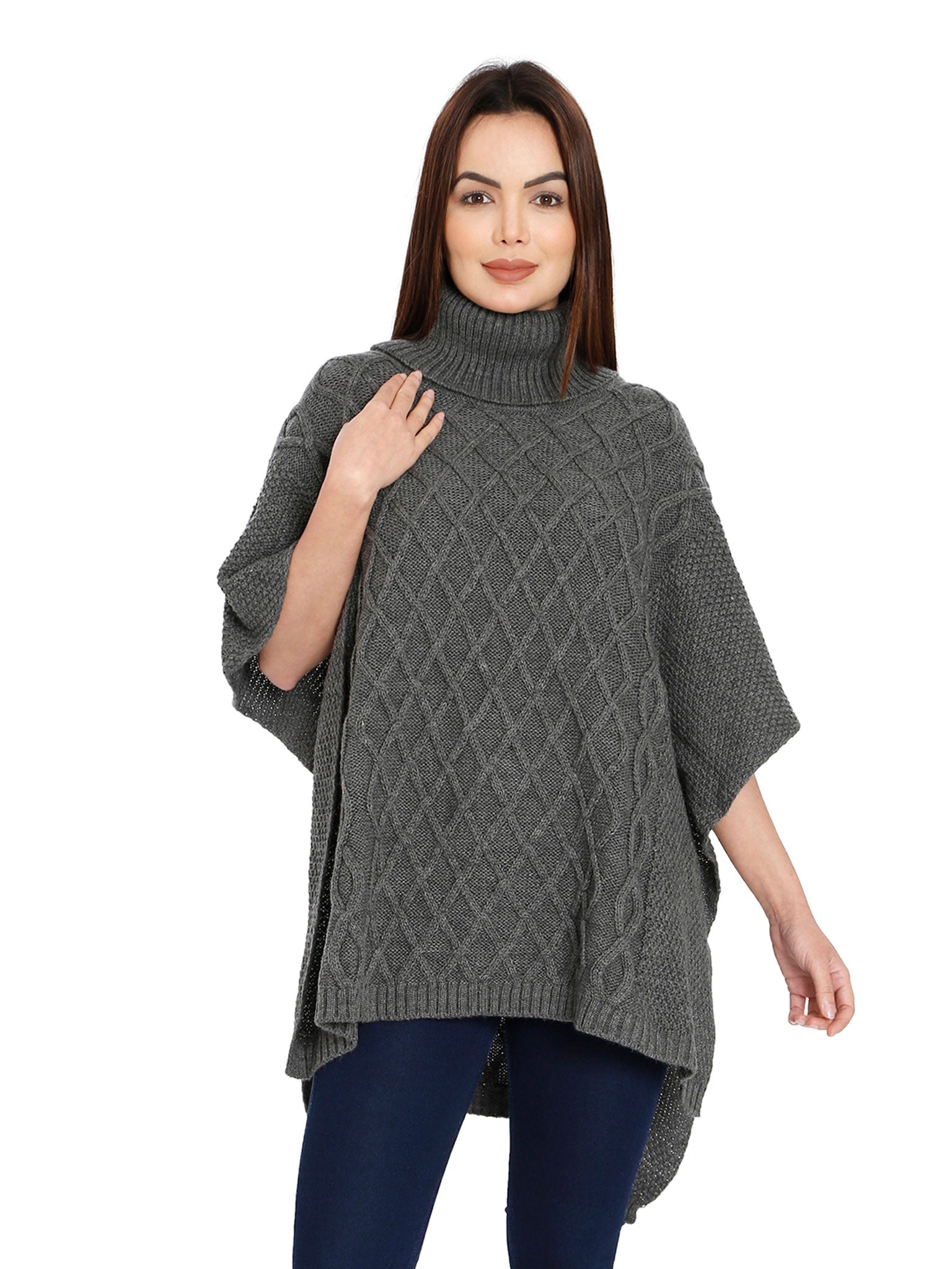 POMME Acrylic Knitted  Med Grey Melange Poncho for Women