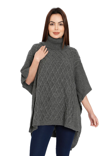 POMME Acrylic Knitted  Med Grey Melange Poncho for Women